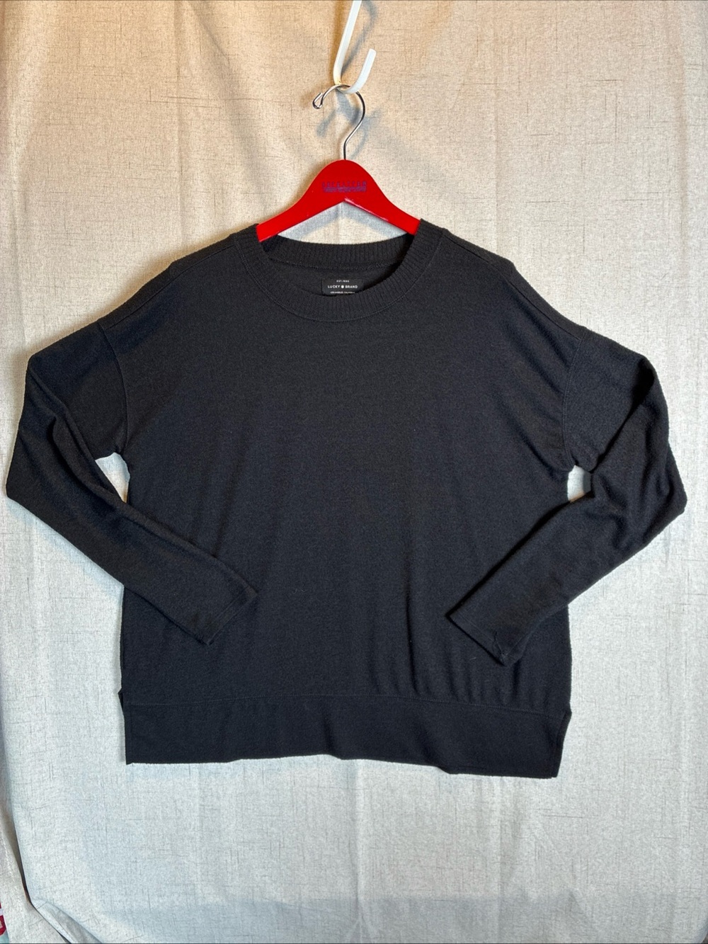 Lucky Brand Womens 90s Minimalist Sweater S Charcoal Black Lightweight Crewneck